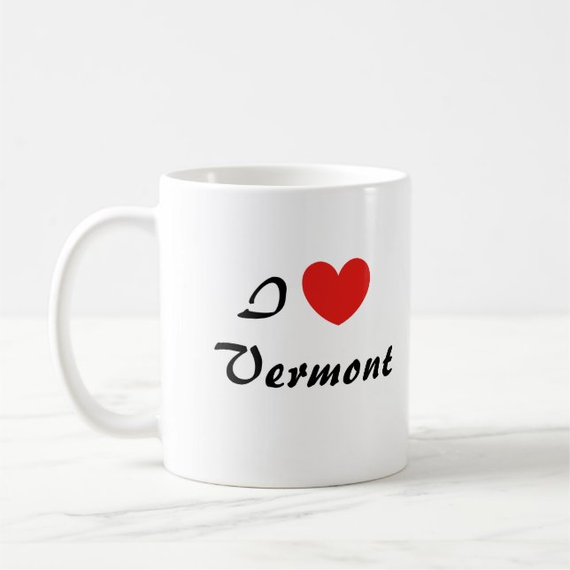 I Love Vermont Heart Typography Coffee Mug (Left)
