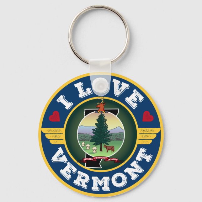 I Love Vermont State Flag and Map Key Ring (Front)