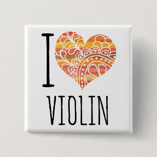 I Love Violin Orange Mandala Heart 15 Cm Square Badge