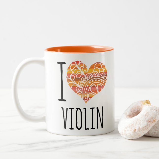 I Love Violin Orange Mandala Heart Two-Tone Coffee Mug (With Donut)