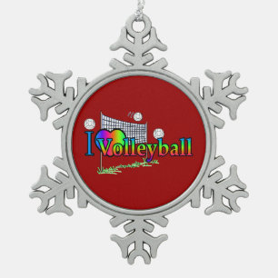 I Love Volleyball Snowflake Pewter Christmas Ornament
