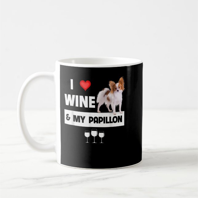 I Love Wine and My Papillon Mum Dad Dog Drinking P Coffee Mug (Left)