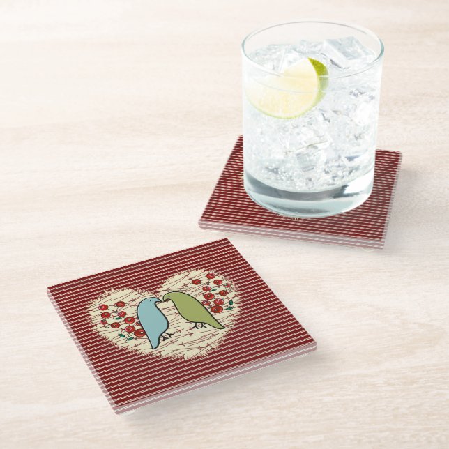 I Love Winter Birds and Berries Glass Coaster (Angled)
