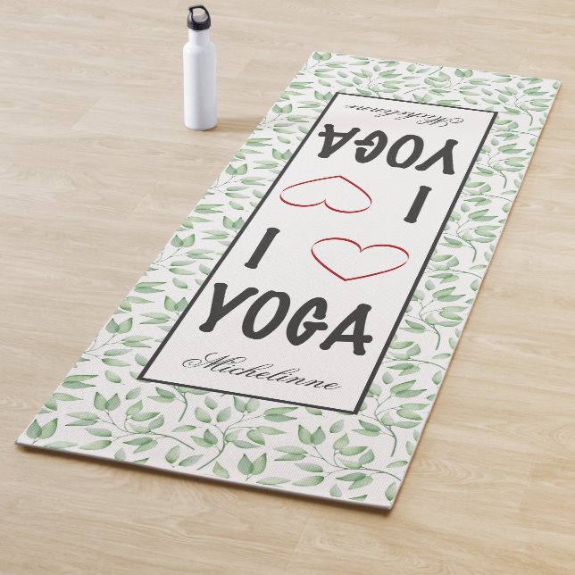 I love YOGA script Green Leaves Pattern Monogram Mat (In Situ)