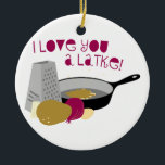 I Love You A Latke! Ceramic Tree Decoration<br><div class="desc">Holidays Around the World: Celebrate Hanukkah with this delicious and crispy recipe designed by Embroidery patterns!</div>