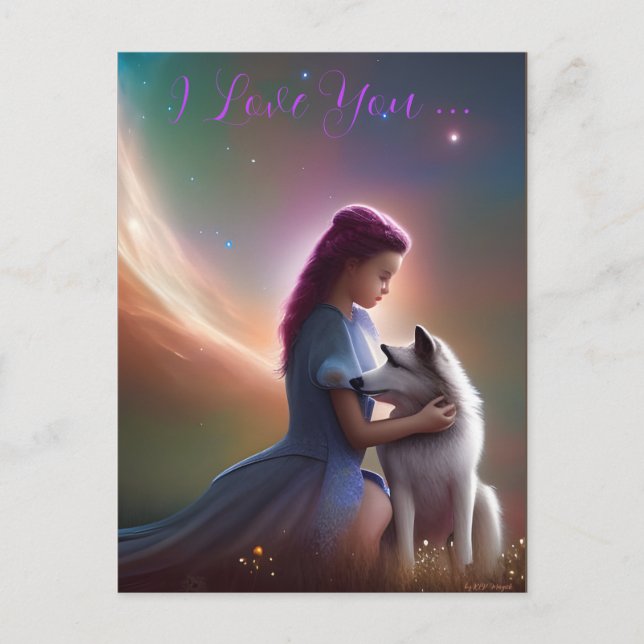 I Love You ... AI Fantasy Art Print Wolfcub & Girl Postcard (Front)