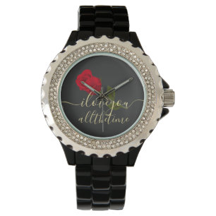 i love you all the time Red Rose Black And Gold Watch