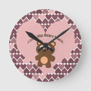 I love you Beary Much! Heart Background Round Clock