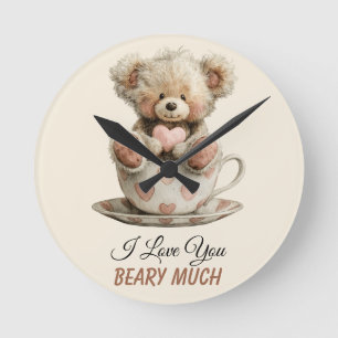 I Love You Beary Much In Cup Postcard Round Clock