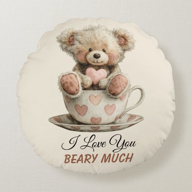 I Love You Beary Much In Cup Postcard Round Cushion (Front)