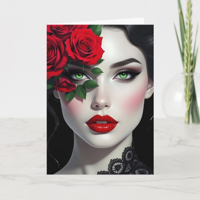 I Love You | Beautiful Woman with Red Rose Card (Front)