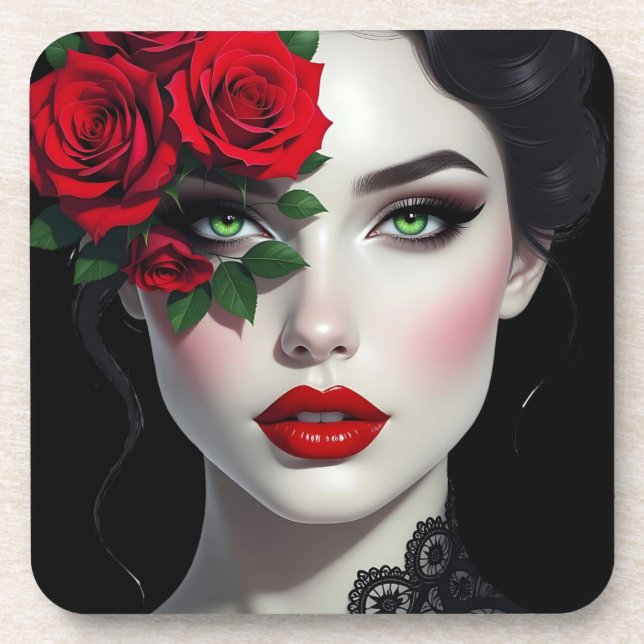 I Love You | Beautiful Woman with Red Rose Coaster (Front)