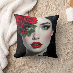 I Love You   Beautiful Woman with Red Rose Cushion