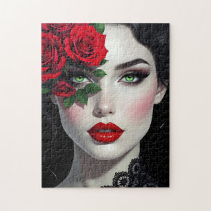 I Love You   Beautiful Woman with Red Rose Jigsaw Puzzle