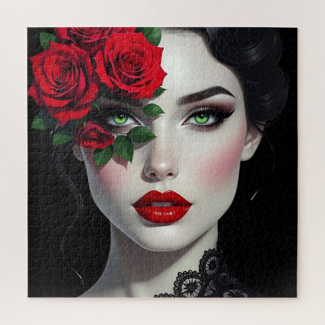I Love You | Beautiful Woman with Red Rose Jigsaw Puzzle (Vertical)