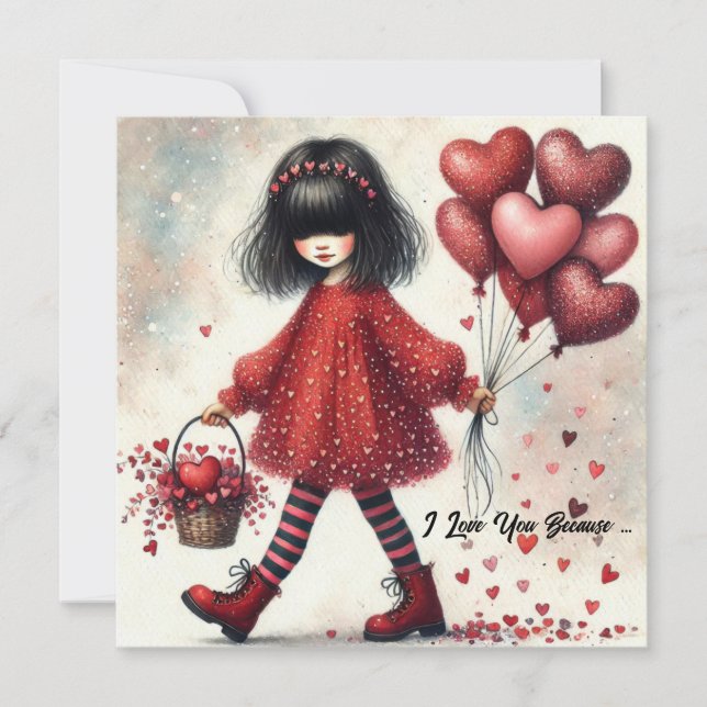 I love you because little girl red glitter hearts holiday card (Front)