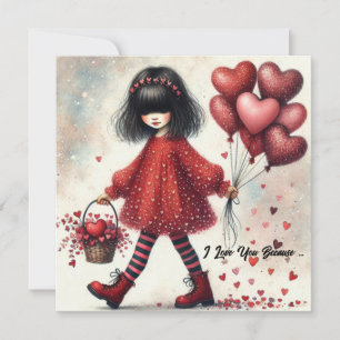I love you because little girl red glitter hearts holiday card