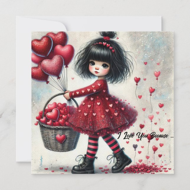 I love you because little girl red glitter hearts holiday card (Front)