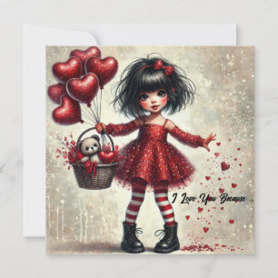 I love you because little girl red glitter hearts holiday card