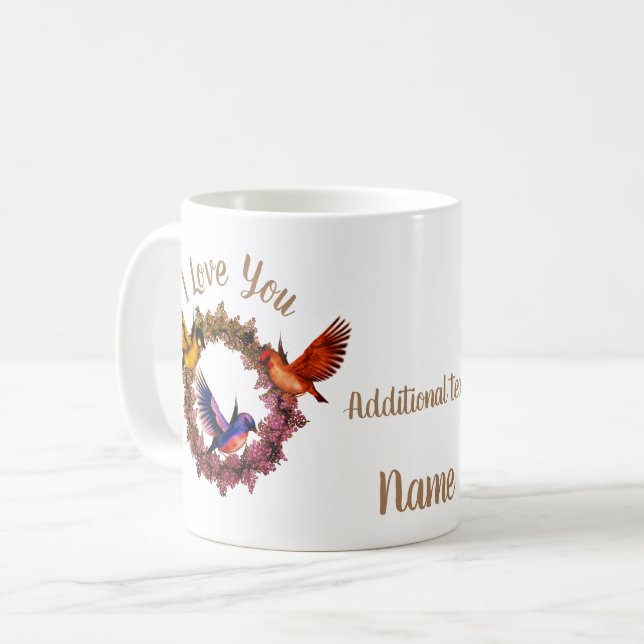 I Love You Birds On Flower Wreath Personalised Coffee Mug (Front Left)