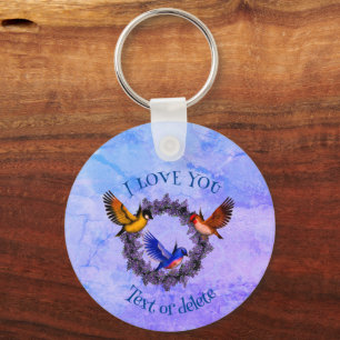 I Love You Birds On Flower Wreath Personalised  Key Ring