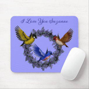 I Love You Birds On Flower Wreath Personalised Mouse Mat