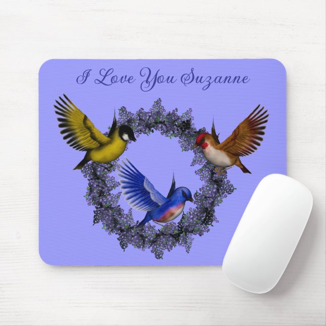I Love You Birds On Flower Wreath Personalised Mouse Mat (With Mouse)