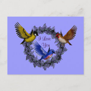 I Love You Birds On Flower Wreath Postcard