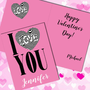 I love you black and white striped heart on pink holiday card