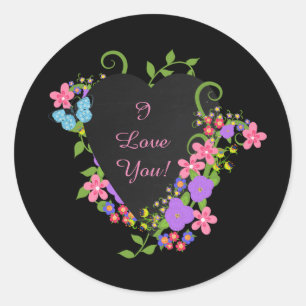 I Love You! Black Heart and Flowers Sticker