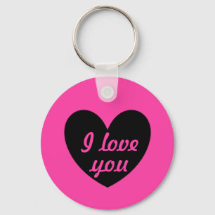 "I love you" black heart on fuchsia Key Ring