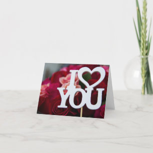 I Love You   Block Text Heart on Red Roses Photo Holiday Card