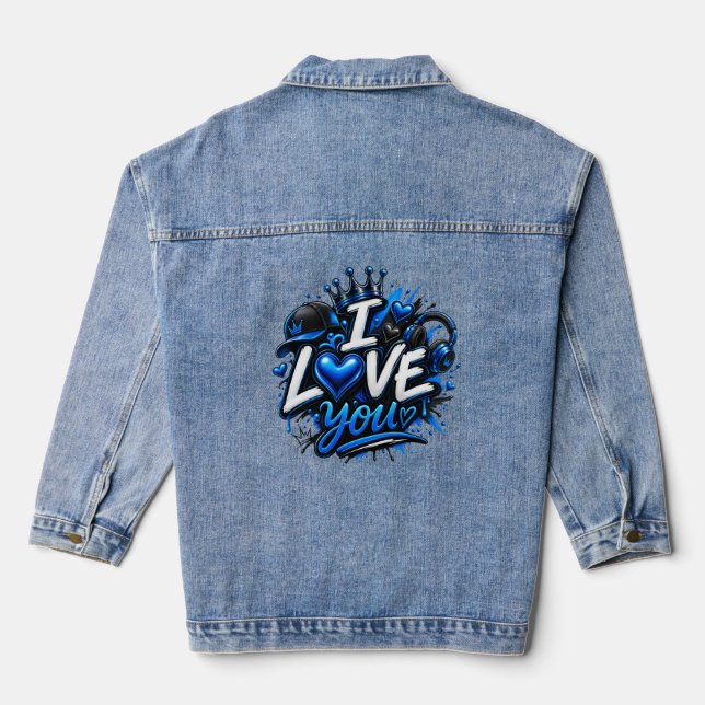 I Love You Blue Graphic Denim Jacket | Romantic  (Back)