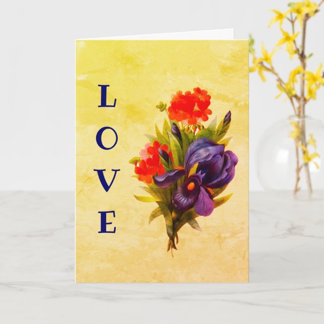 I Love You Blue Iris Flower Art Personalised Card (Yellow Flower)