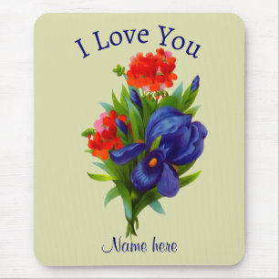 I Love You Blue Iris Flower Bouquet Personalised Mouse Mat