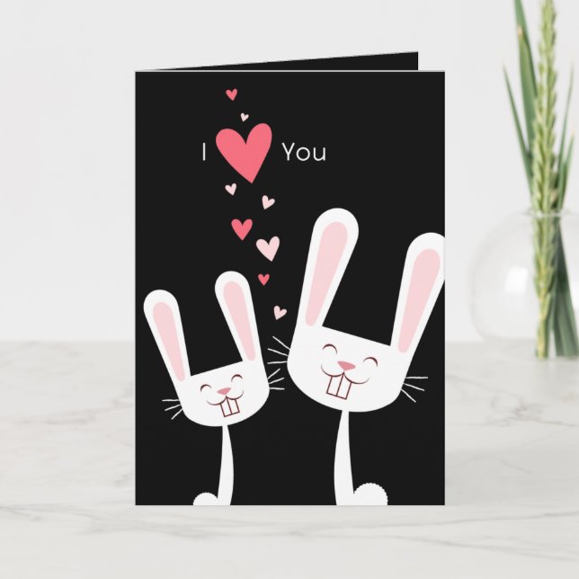 I Love You Bunny Rabbits (black) Valentine Holiday Card (Front)
