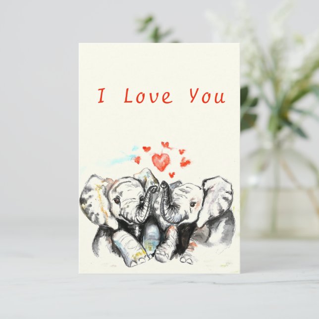 I Love You Card Romantic Couple Elephant Painting (Standing Front)