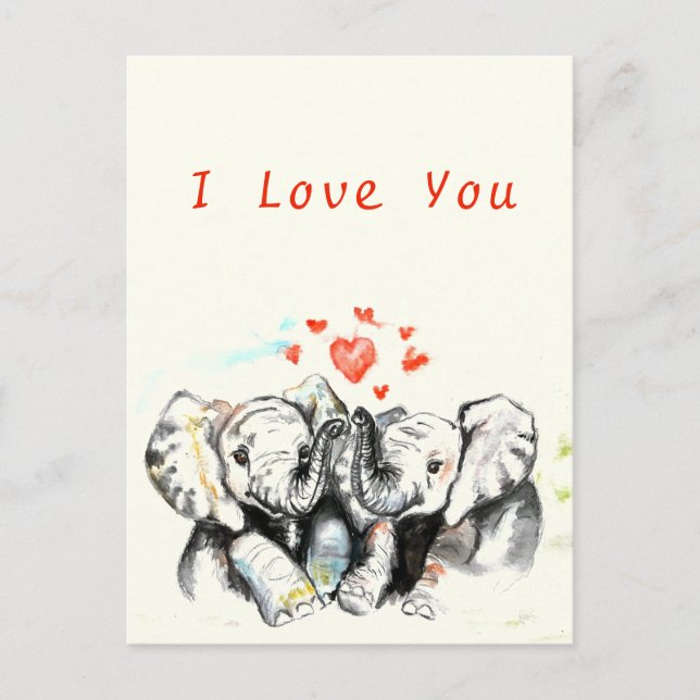 I Love You Card Romantic Couple Elephant Painting (Front)