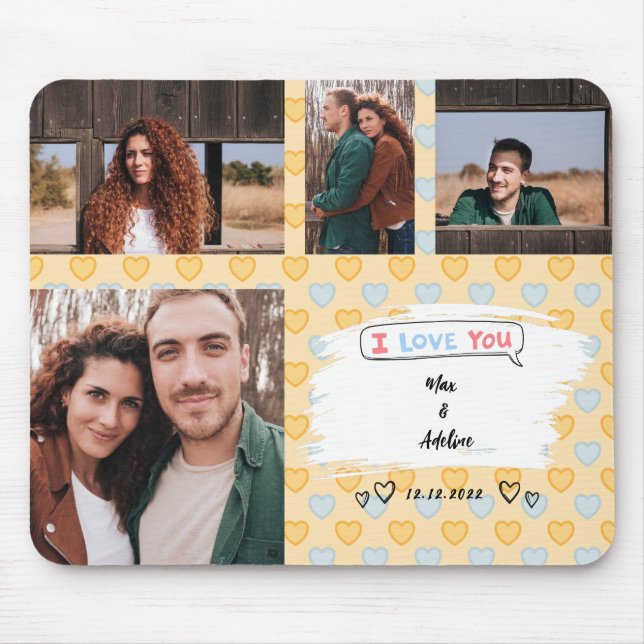 I love you Couple Photo Collage Yellow Hearts Mouse Mat (Front)