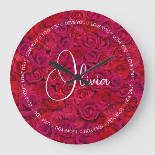 I Love You Custom Name Red Roses Love Large Clock