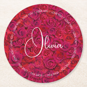 I Love You Custom Name Red Roses Love Round Paper Coaster