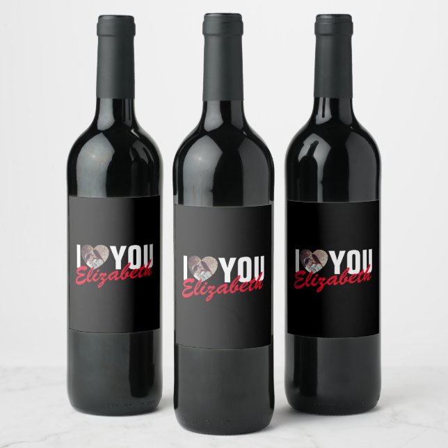 I Love You Custom Photo Heart and Name Wine Label (Bottles)