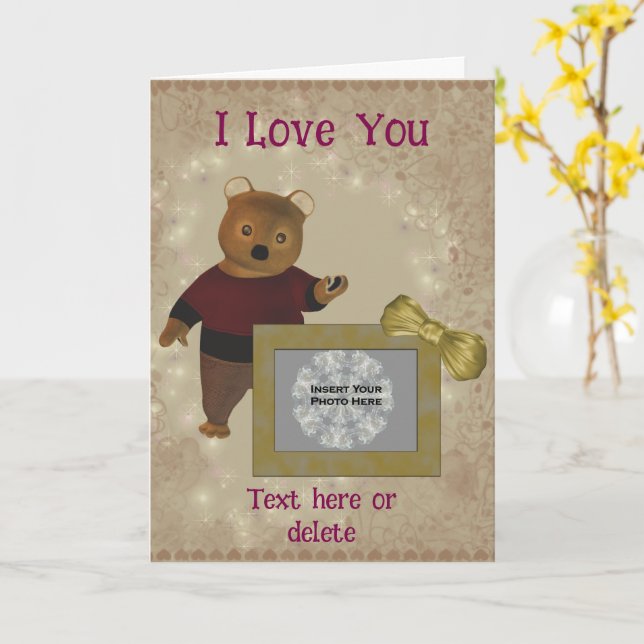 I Love You Cute Bear Frame Personalised Photo  Card (Yellow Flower)