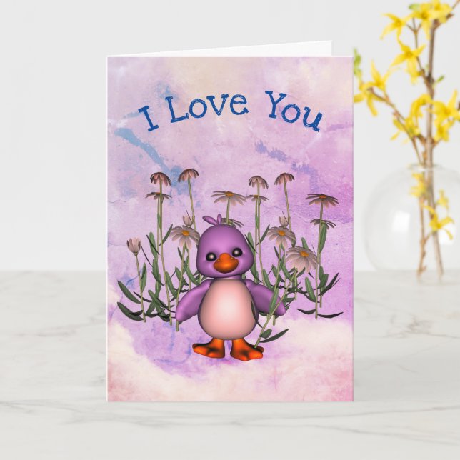 I Love You Cute Bird Daisies Personalised Card (Yellow Flower)