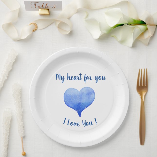 I Love You Cute Blue Heart Valentine's Day    Paper Plate (Wedding)
