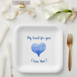 I Love You Cute Blue Heart Valentine's Day  Paper Plate