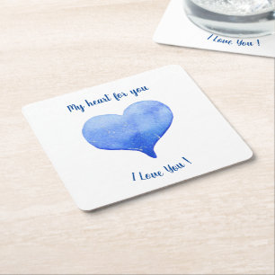 I Love You Cute Blue Heart Valentine's Day  Square Paper Coaster