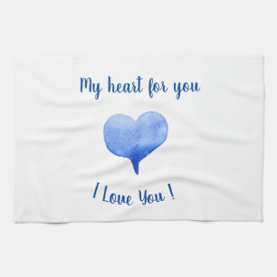 I Love You Cute Blue Heart Valentine's Day   Tea Towel