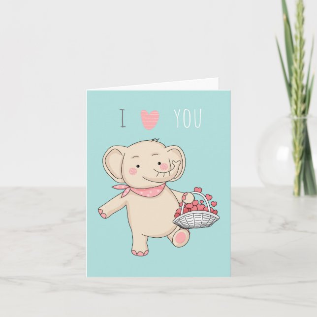 I Love You Cute Cartoon Elephant Hearts Card (Front)