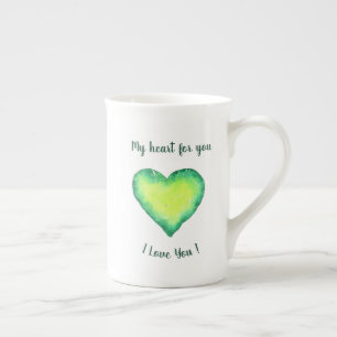 I Love You Cute Green and Blue Heart Birthday Bone China Mug
